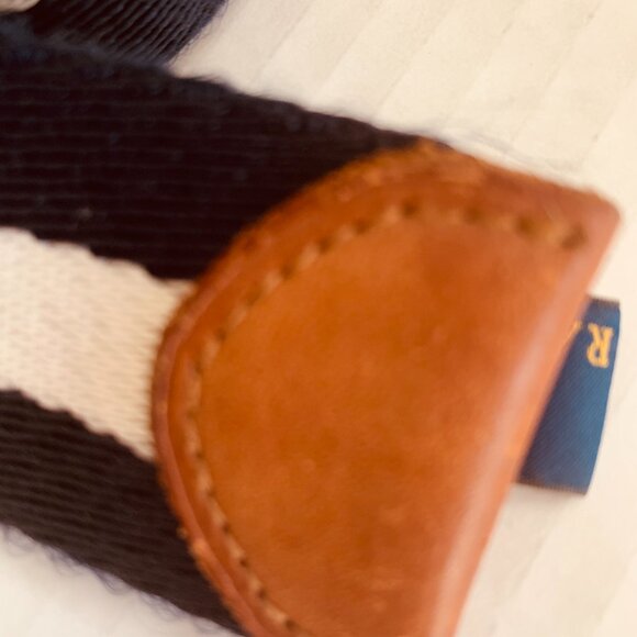 Polo Ralph Lauren Navy White Striped Fabric Leather Dual D Ring Belt XL - Picture 4 of 9